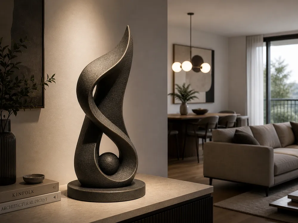 Inspiração: Escultura abstrata de curvas escuras em uma sala