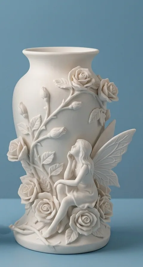 Inspiração: Detalhes de rosas e fada em vaso branco