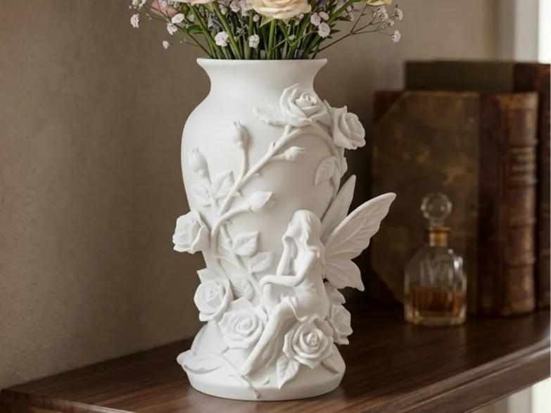 Inspiração: Vaso floral branco com fada em relevo