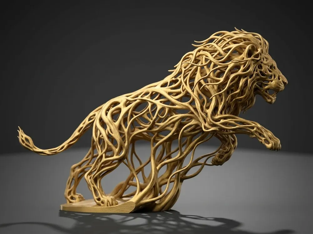 Inspiração: Escultura vazada dourada de leão saltando