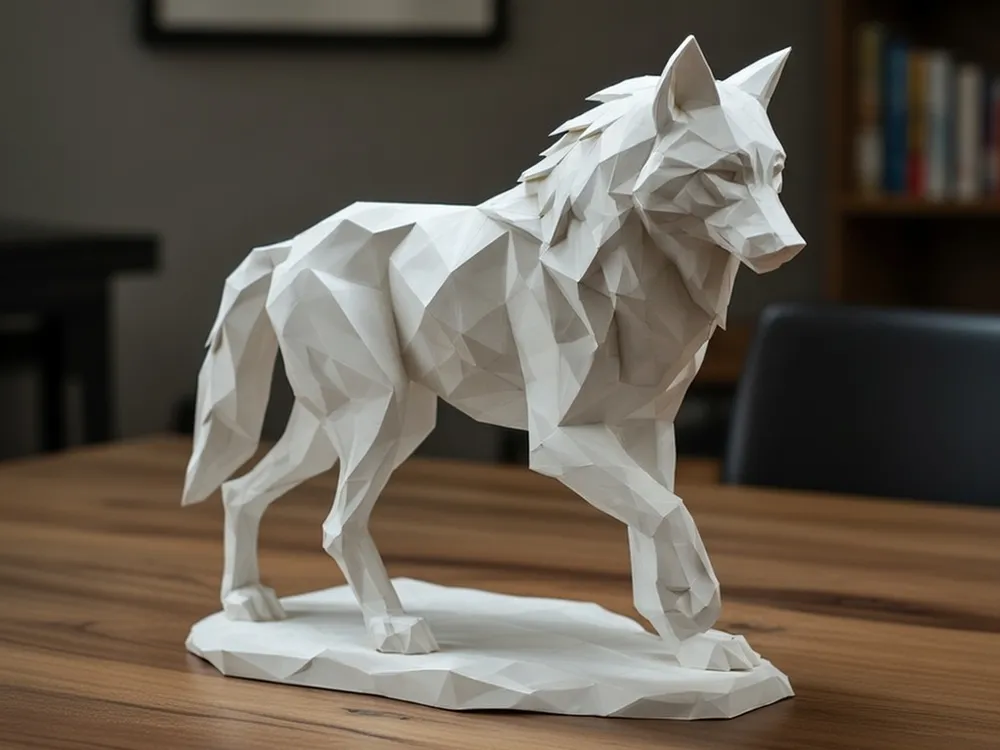 Inspiração: Escultura de lobo branco com faces geométricas
