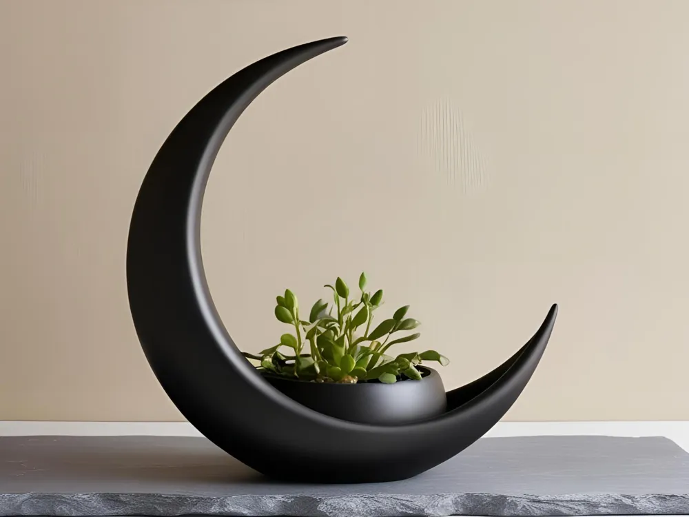 Vaso preto em forma de lua crescente com uma planta